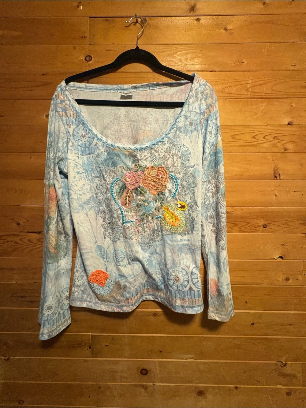 Love Culture Light Blue Embroidered Long Sleeve Scoop Neck Top
